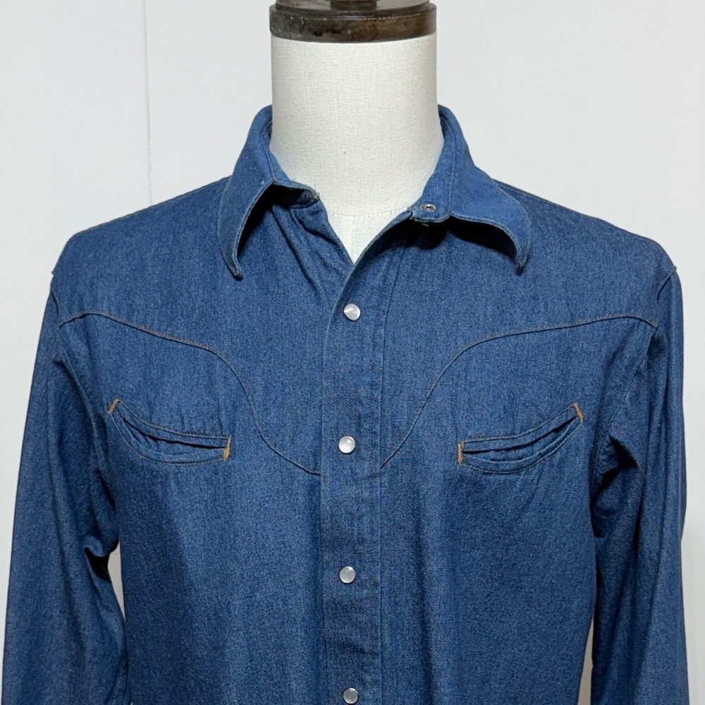 Schaefer Outfitter Shirt Mens Medium Blue Denim Western Ranchwear Pearl Snap USA